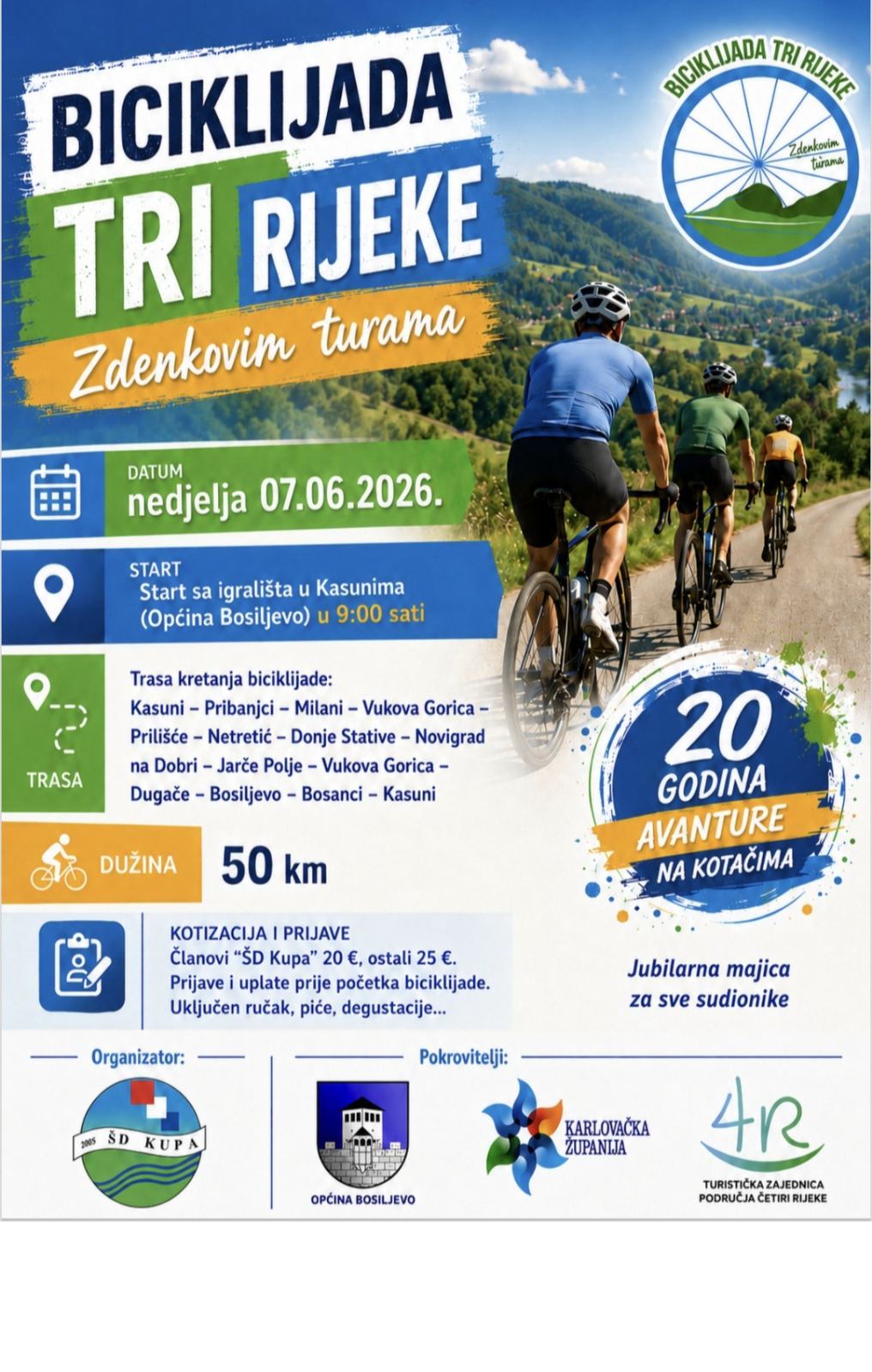 Jubilarna 20. biciklijada Tri rijeke – Zdenkovim turama u nedjelju 7. lipnja 2026
